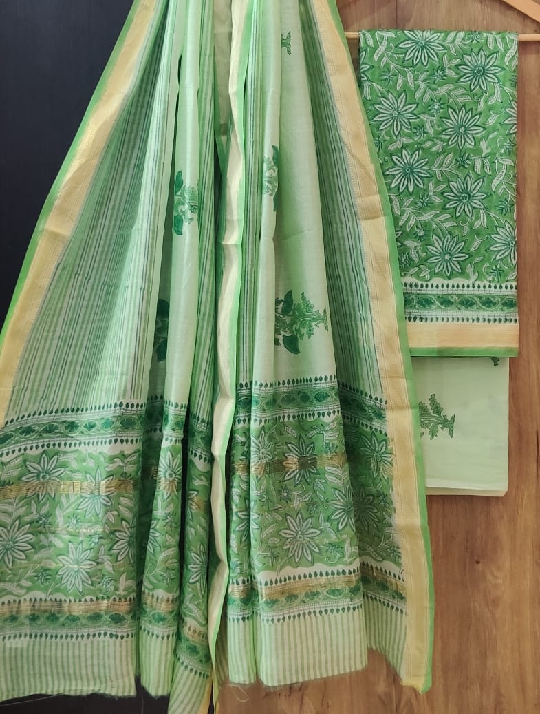 Pure Maheshwari Silk Unstitched Suit Set with Maheshwari Silk Dupatta with Zari Border ( Top, Bottom and Dupatta length 2.5 meter each) - 39