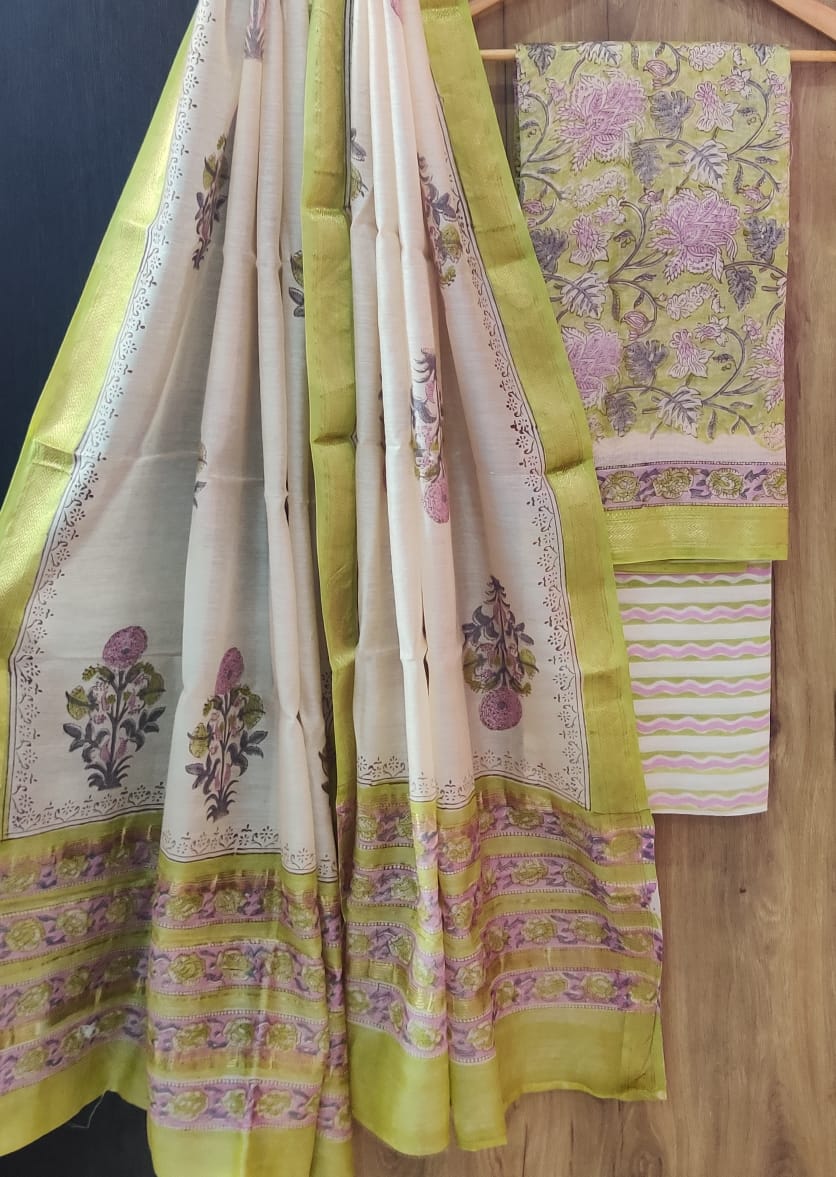 Pure Maheshwari Silk Unstitched Suit Set with Maheshwari Silk Dupatta with Zari Border ( Top, Bottom and Dupatta length 2.5 meter each) - 43