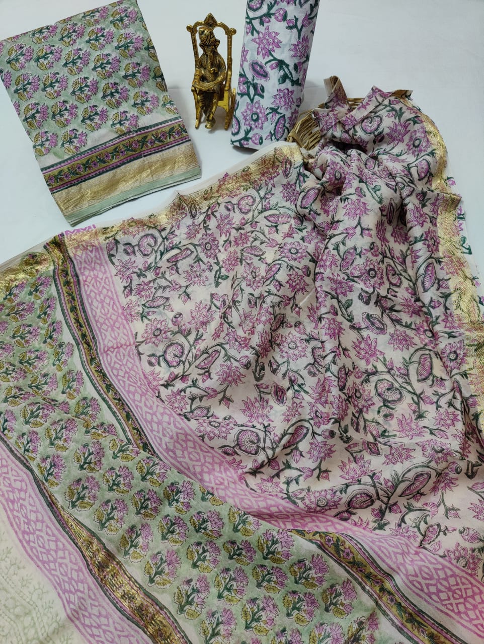Pure Maheshwari Silk Unstitched Suit Set with Maheshwari Silk Dupatta with Zari Border ( Top, Bottom and Dupatta length 2.5 meter each) - 53