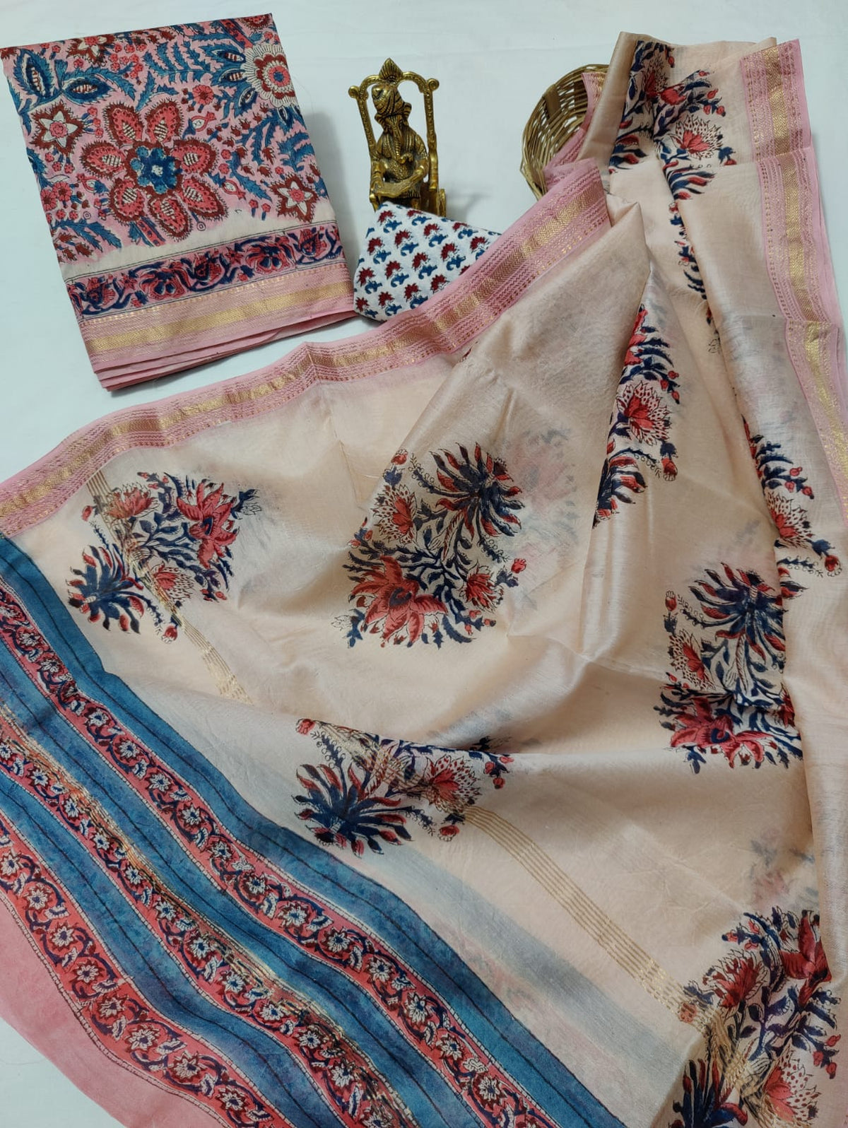 Pure Maheshwari Silk Unstitched Suit Set with Maheshwari Silk Dupatta with Zari Border ( Top, Bottom and Dupatta length 2.5 meter each) - 71