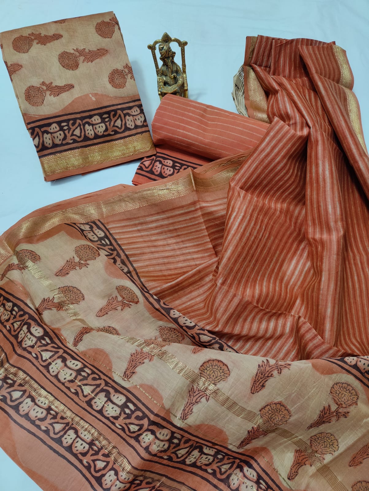 Pure Maheshwari Silk Unstitched Suit Set with Maheshwari Silk Dupatta with Zari Border ( Top, Bottom and Dupatta length 2.5 meter each) - 82
