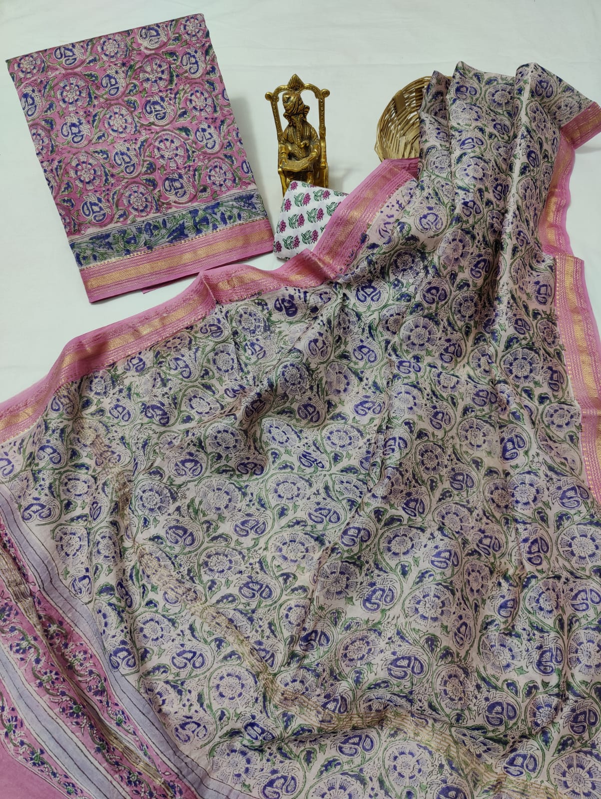 Pure Maheshwari Silk Unstitched Suit Set with Maheshwari Silk Dupatta with Zari Border ( Top, Bottom and Dupatta length 2.5 meter each) - 85