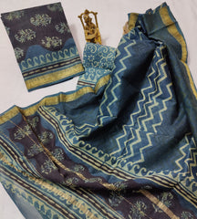 Pure Maheshwari Silk Unstitched Suit Set with Maheshwari Silk Dupatta with Zari Border ( Top, Bottom and Dupatta length 2.5 meter each) - 77