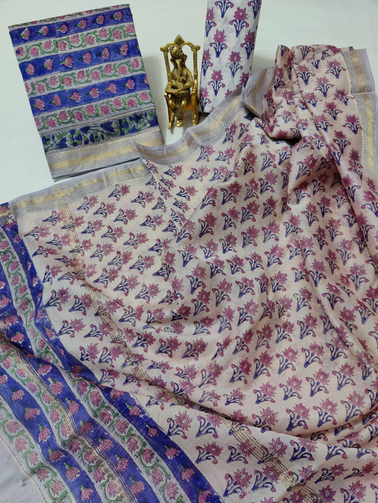 Pure Maheshwari Silk Unstitched Suit Set with Maheshwari Silk Dupatta with Zari Border ( Top, Bottom and Dupatta length 2.5 meter each) - 84