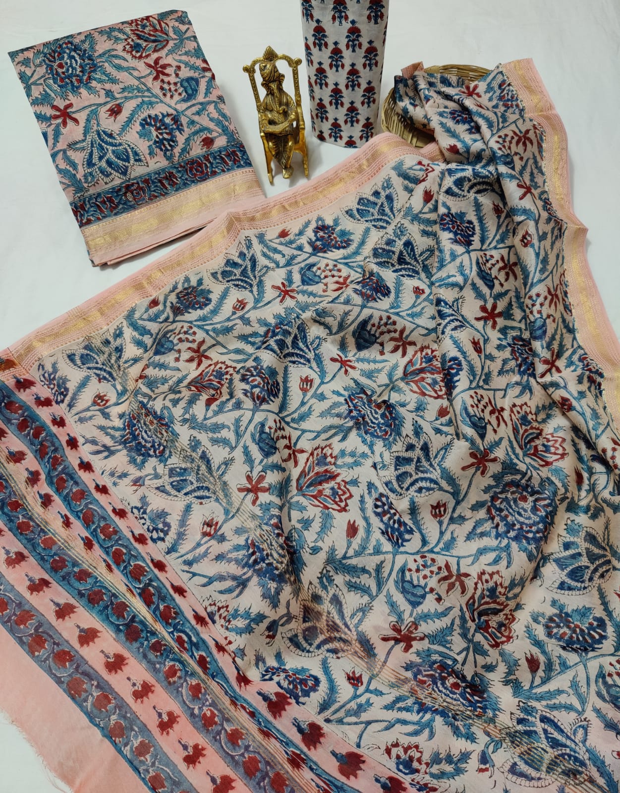 Pure Maheshwari Silk Unstitched Suit Set with Maheshwari Silk Dupatta with Zari Border ( Top, Bottom and Dupatta length 2.5 meter each) - 70