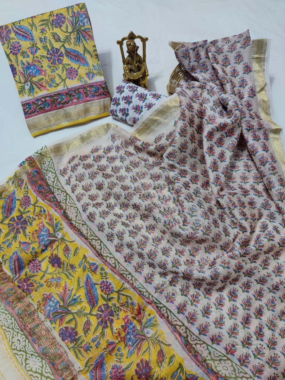Pure Maheshwari Silk Unstitched Suit Set with Maheshwari Silk Dupatta with Zari Border ( Top, Bottom and Dupatta length 2.5 meter each) - 88