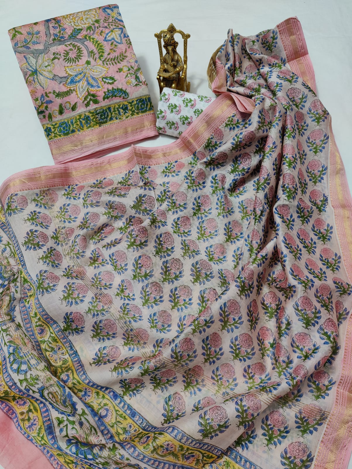 Pure Maheshwari Silk Unstitched Suit Set with Maheshwari Silk Dupatta with Zari Border ( Top, Bottom and Dupatta length 2.5 meter each) - 65