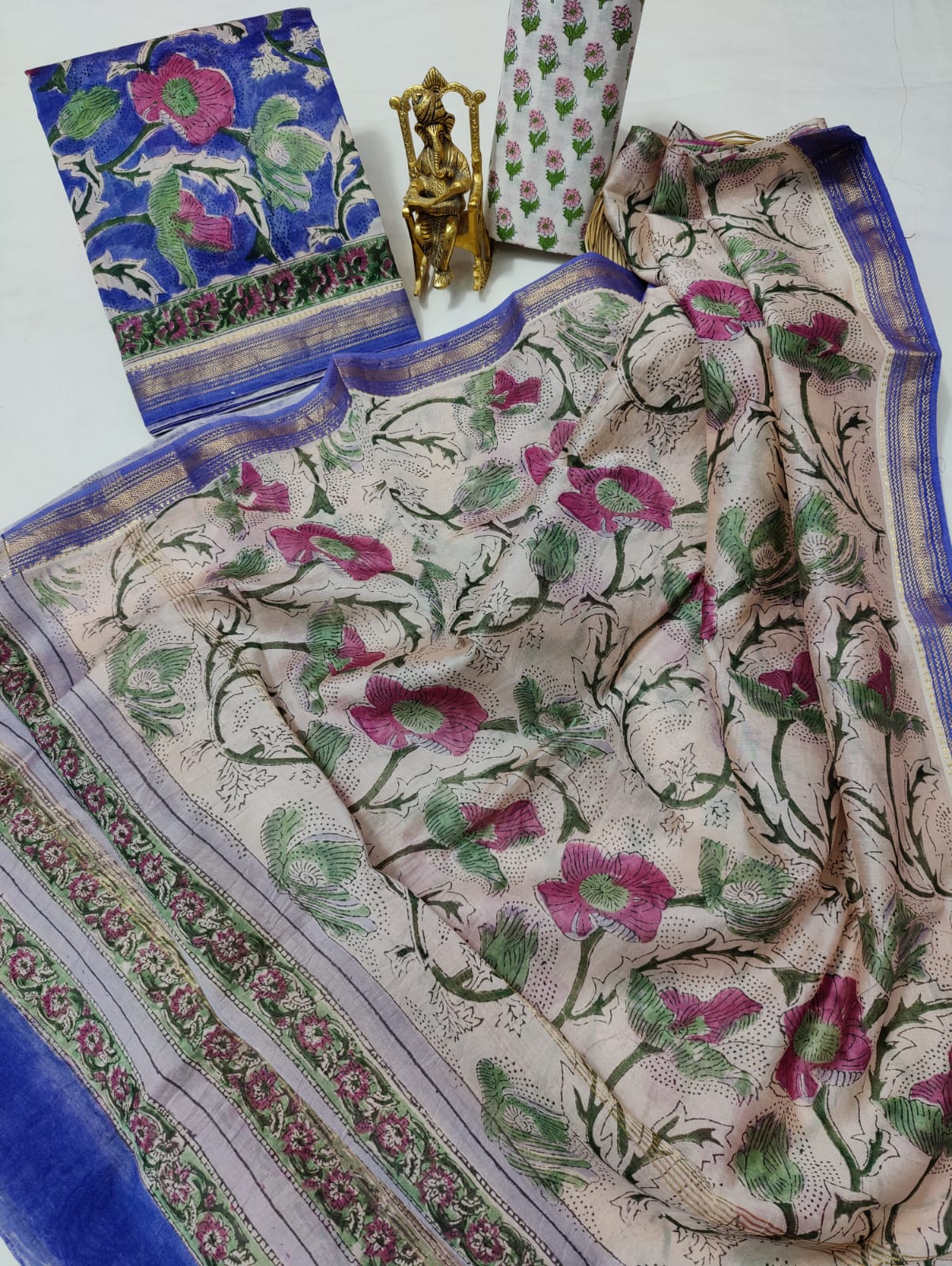 Pure Maheshwari Silk Unstitched Suit Set with Maheshwari Silk Dupatta with Zari Border ( Top, Bottom and Dupatta length 2.5 meter each) - 68