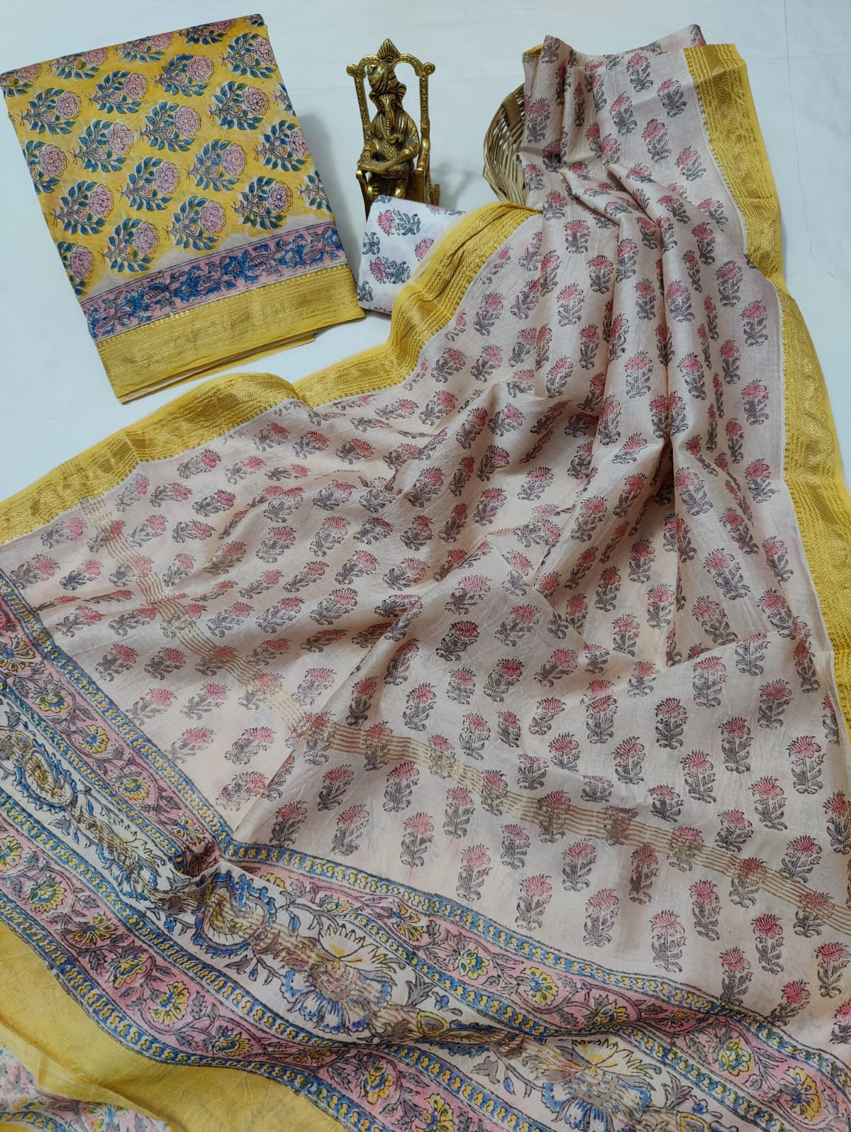 Pure Maheshwari Silk Unstitched Suit Set with Maheshwari Silk Dupatta with Zari Border ( Top, Bottom and Dupatta length 2.5 meter each) - 67