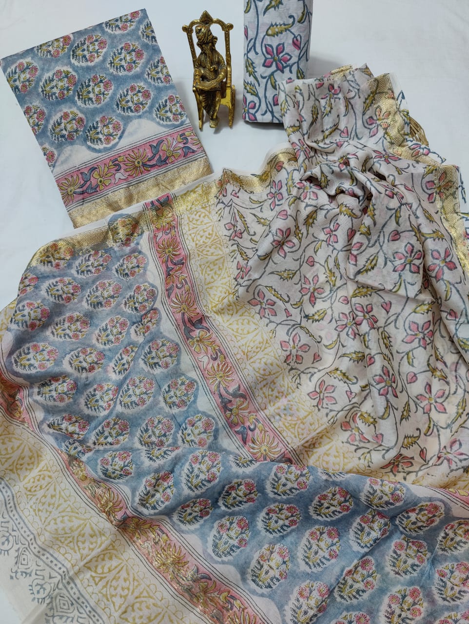 Pure Maheshwari Silk Unstitched Suit Set with Maheshwari Silk Dupatta with Zari Border ( Top, Bottom and Dupatta length 2.5 meter each) - 86