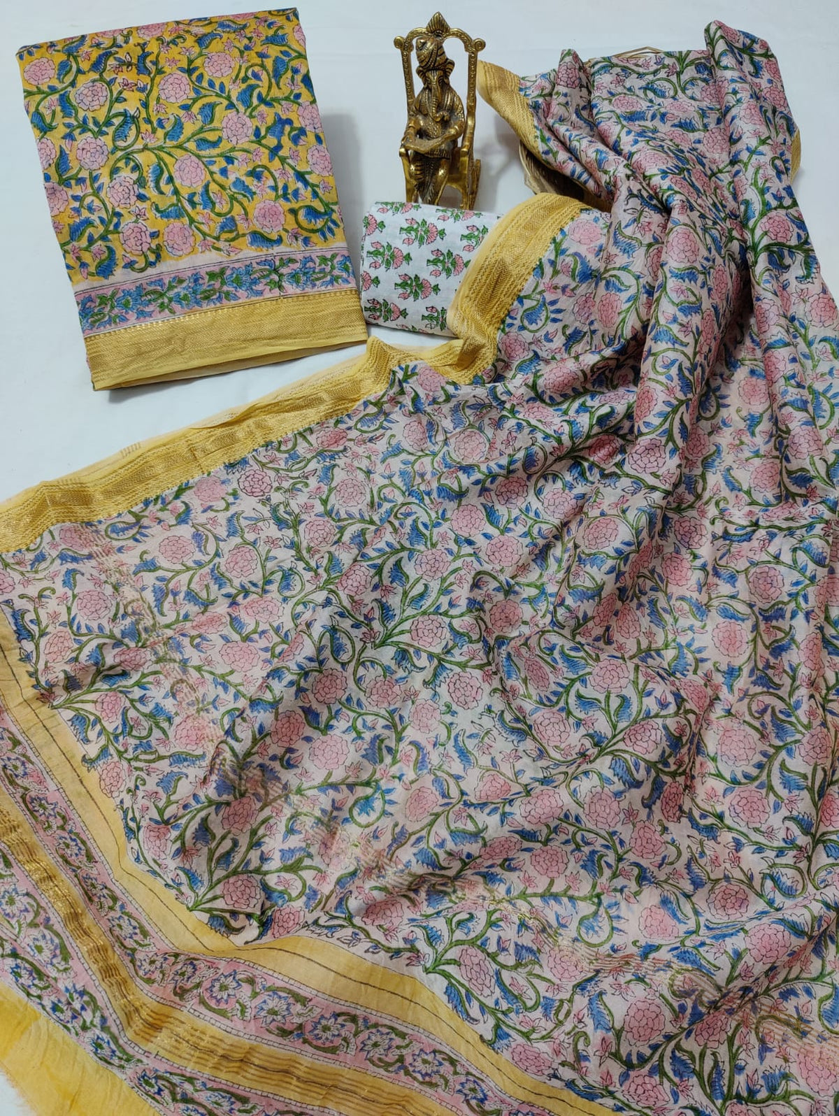Pure Maheshwari Silk Unstitched Suit Set with Maheshwari Silk Dupatta with Zari Border ( Top, Bottom and Dupatta length 2.5 meter each) - 64