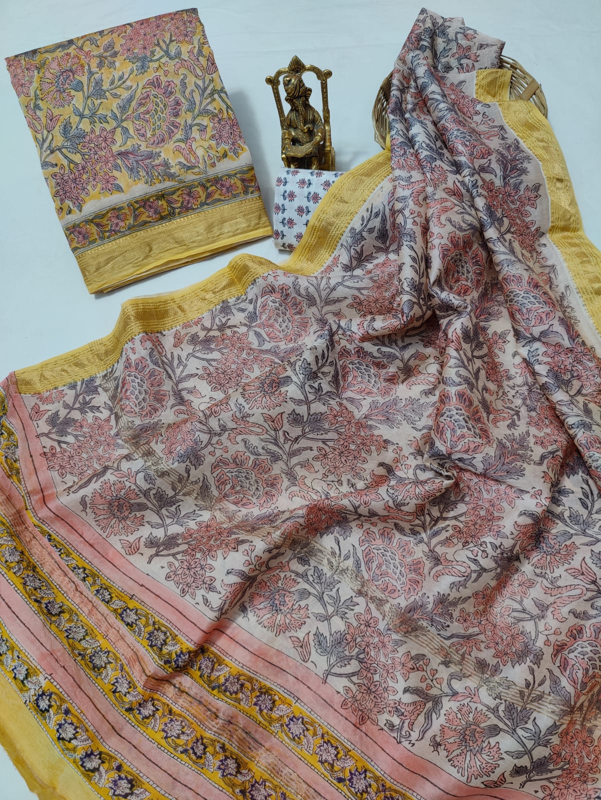 Pure Maheshwari Silk Unstitched Suit Set with Maheshwari Silk Dupatta with Zari Border ( Top, Bottom and Dupatta length 2.5 meter each) - 73