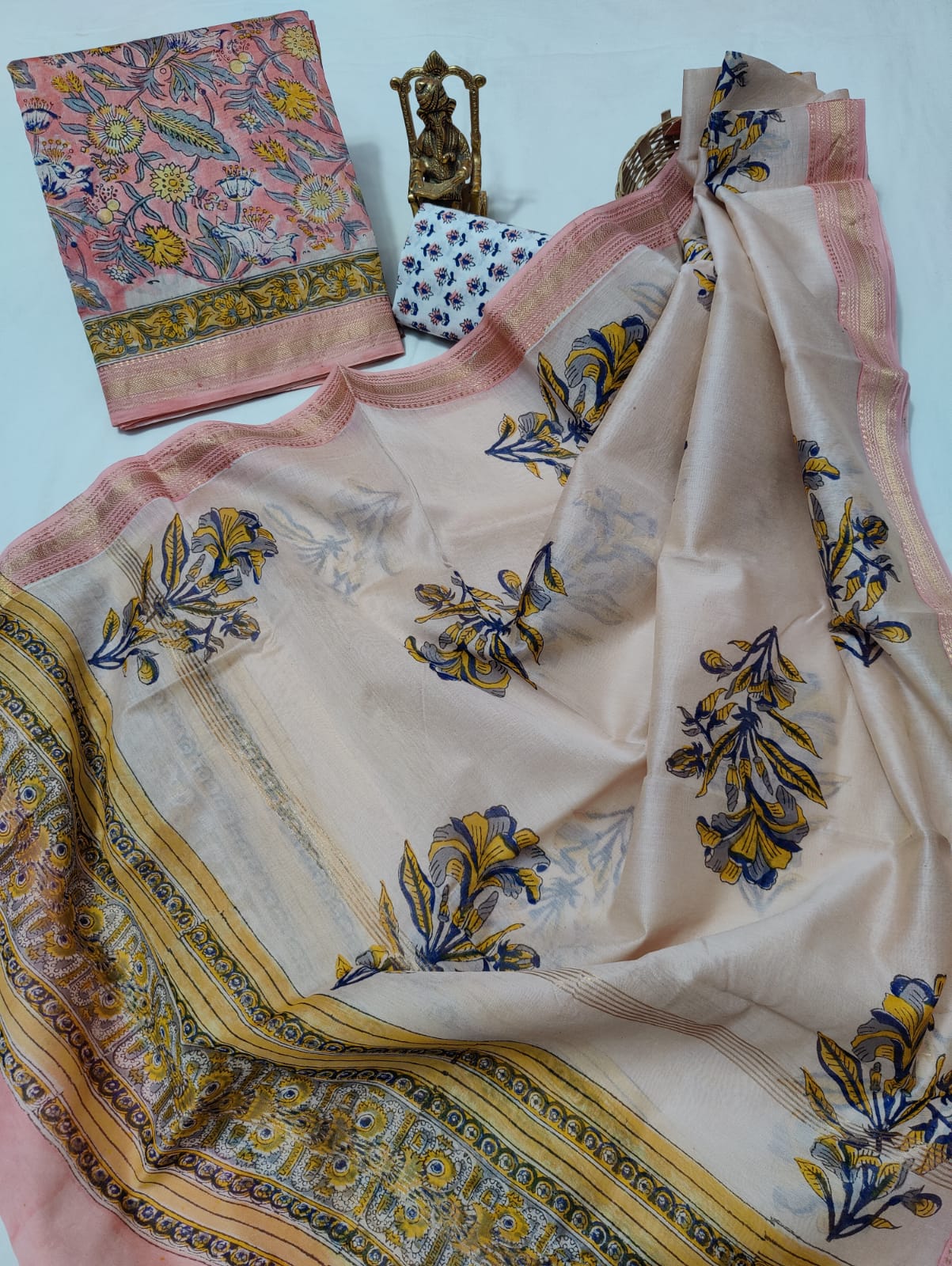 Pure Maheshwari Silk Unstitched Suit Set with Maheshwari Silk Dupatta with Zari Border ( Top, Bottom and Dupatta length 2.5 meter each) - 69