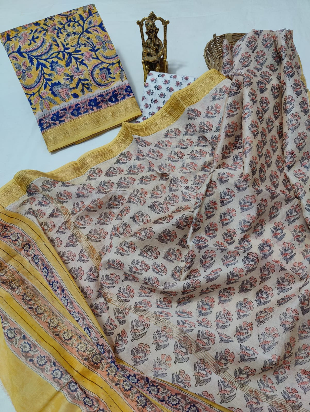 Pure Maheshwari Silk Unstitched Suit Set with Maheshwari Silk Dupatta with Zari Border ( Top, Bottom and Dupatta length 2.5 meter each) - 74